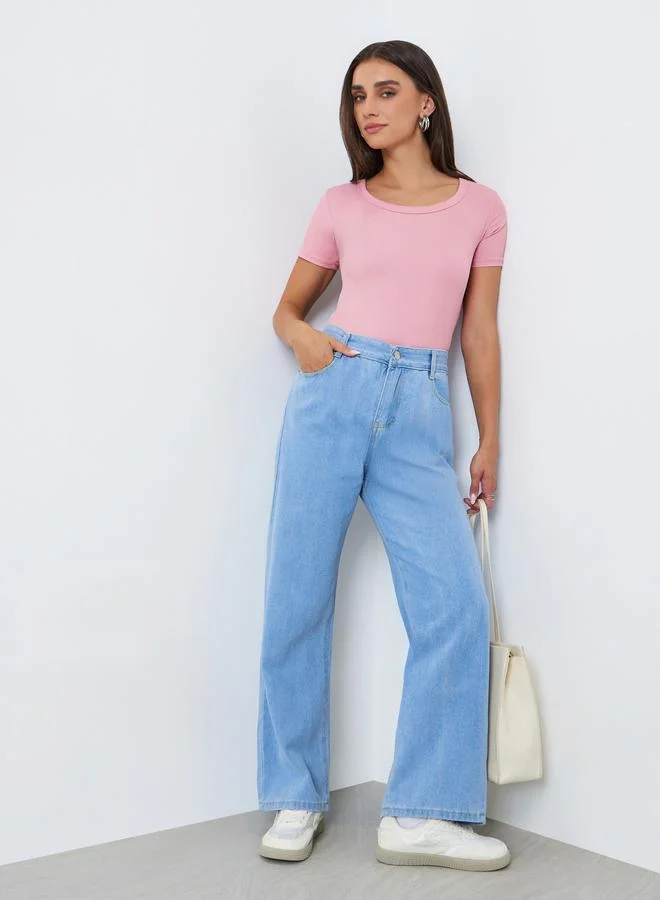 Styli Women Pink Ribbed Knit Short Sleeve Top